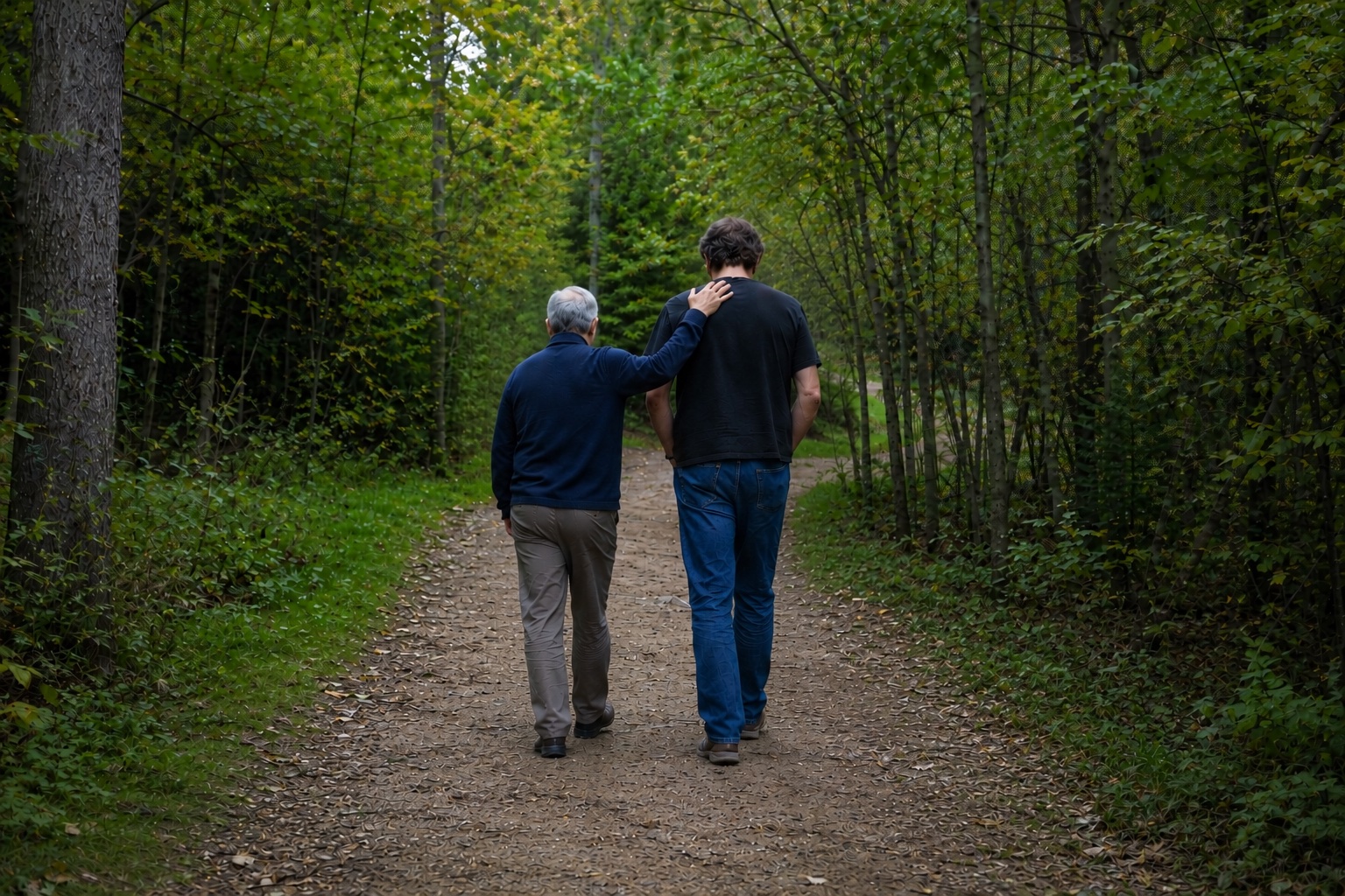 Two people walking together on a forest path